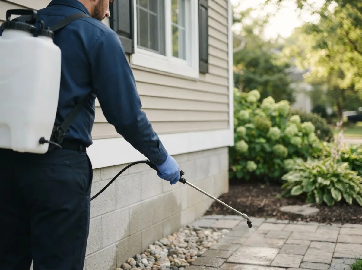 Pest control technician inspecting a home in Blevins, AR